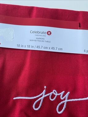 Christmas theme Celebrate It Red Embroidered "Joy" Holiday Napkins set of 4